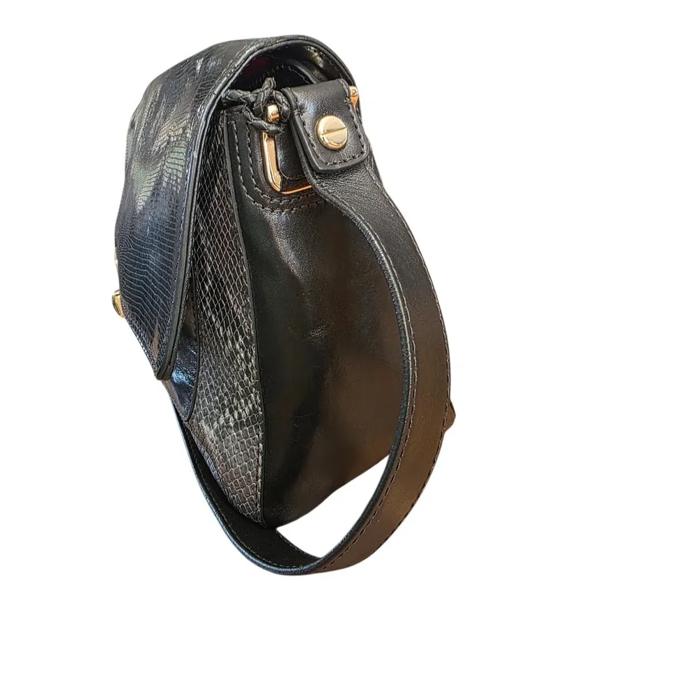 Cole Haan Black Leather Snakeskin Embossed Large Shoulder‎ Bag Gold Turn Lock